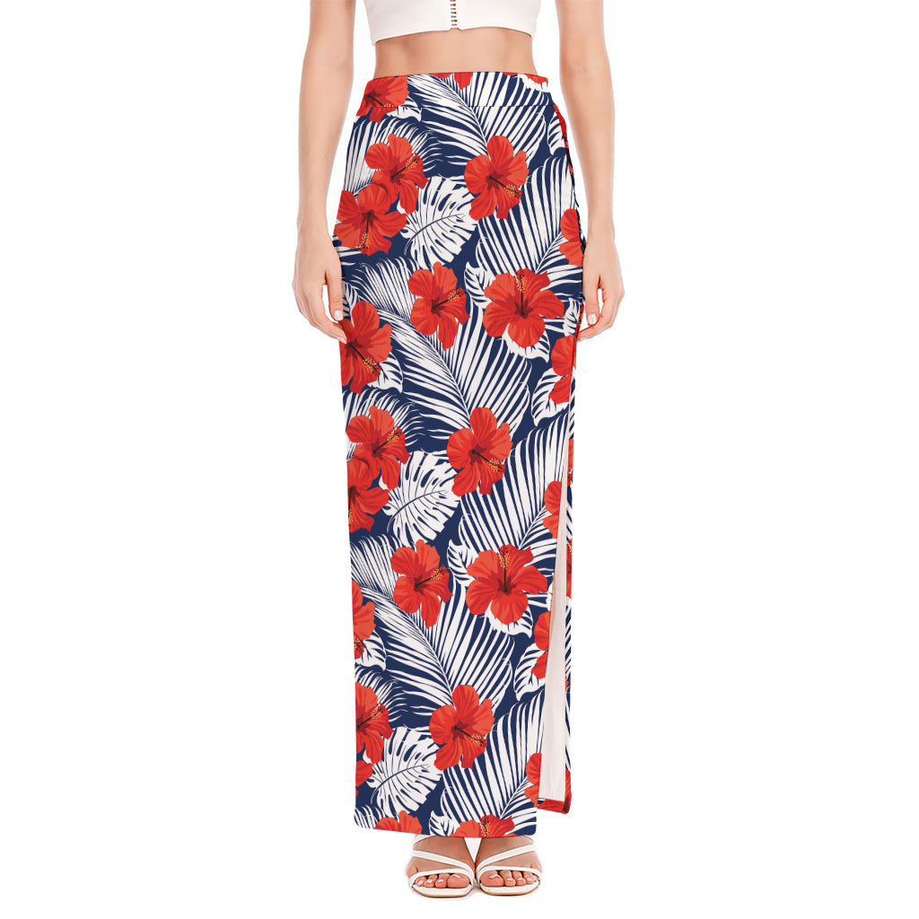 Red Hibiscus Tropical Pattern Print High Slit Maxi Skirt