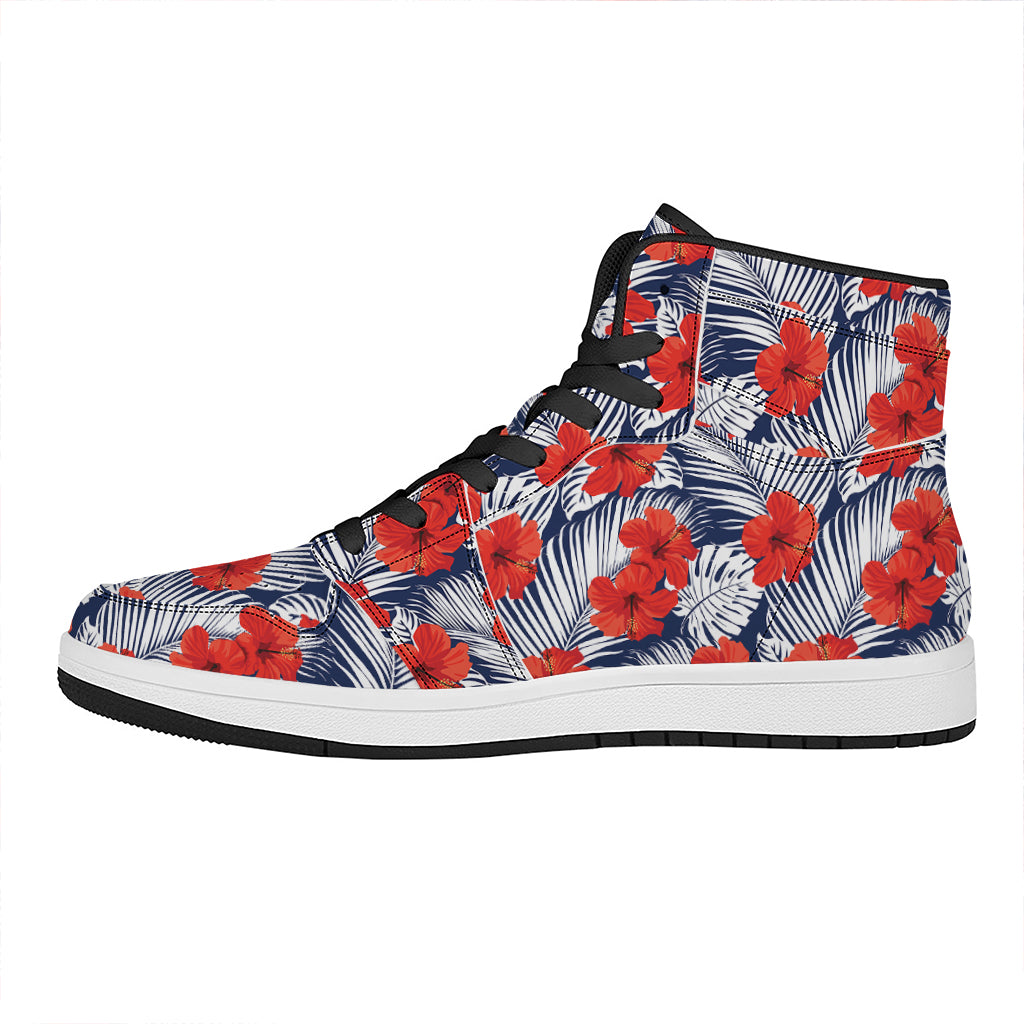 Red Hibiscus Tropical Pattern Print High Top Leather Sneakers
