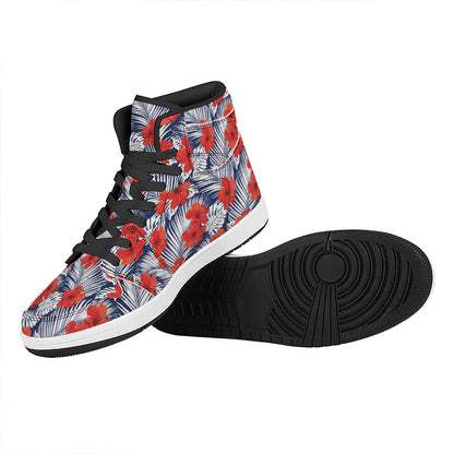 Red Hibiscus Tropical Pattern Print High Top Leather Sneakers