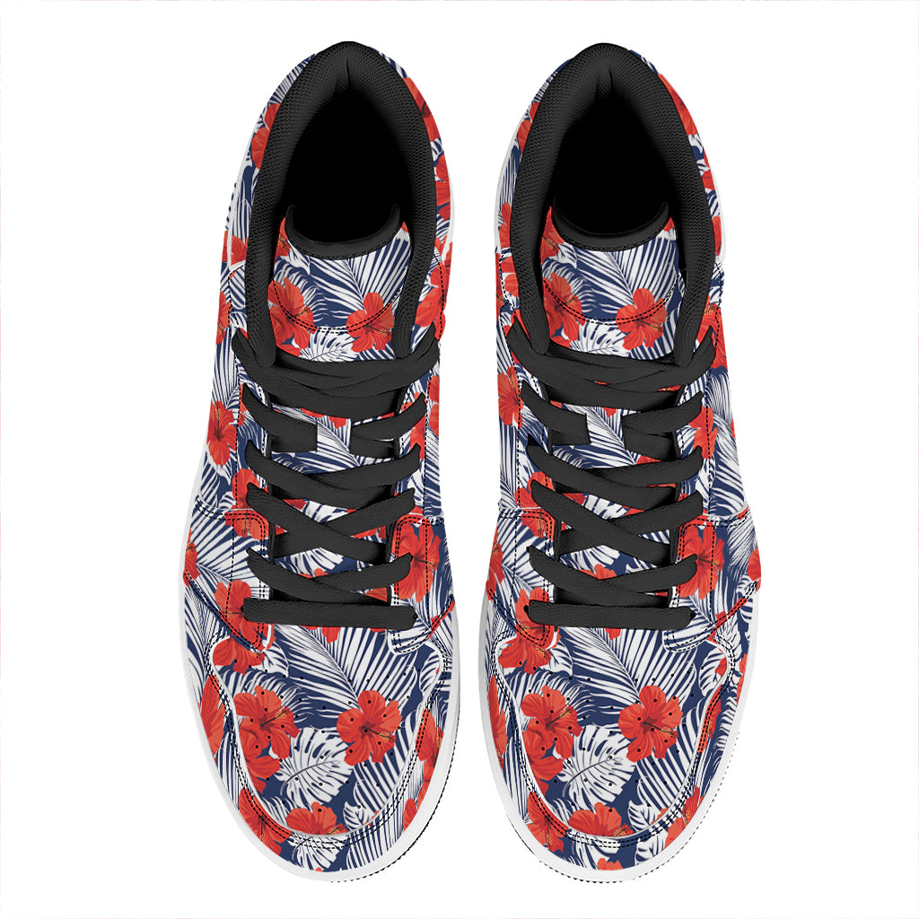 Red Hibiscus Tropical Pattern Print High Top Leather Sneakers