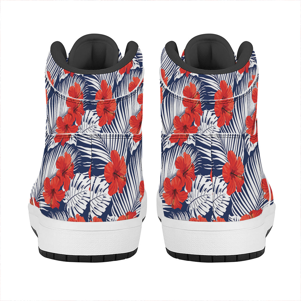 Red Hibiscus Tropical Pattern Print High Top Leather Sneakers