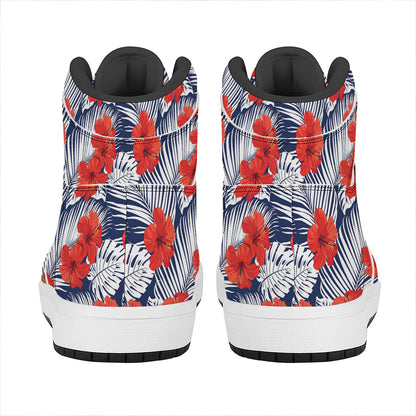 Red Hibiscus Tropical Pattern Print High Top Leather Sneakers