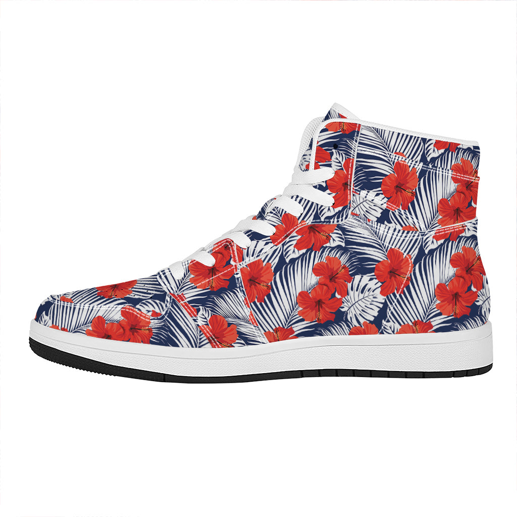 Red Hibiscus Tropical Pattern Print High Top Leather Sneakers