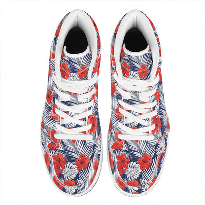 Red Hibiscus Tropical Pattern Print High Top Leather Sneakers