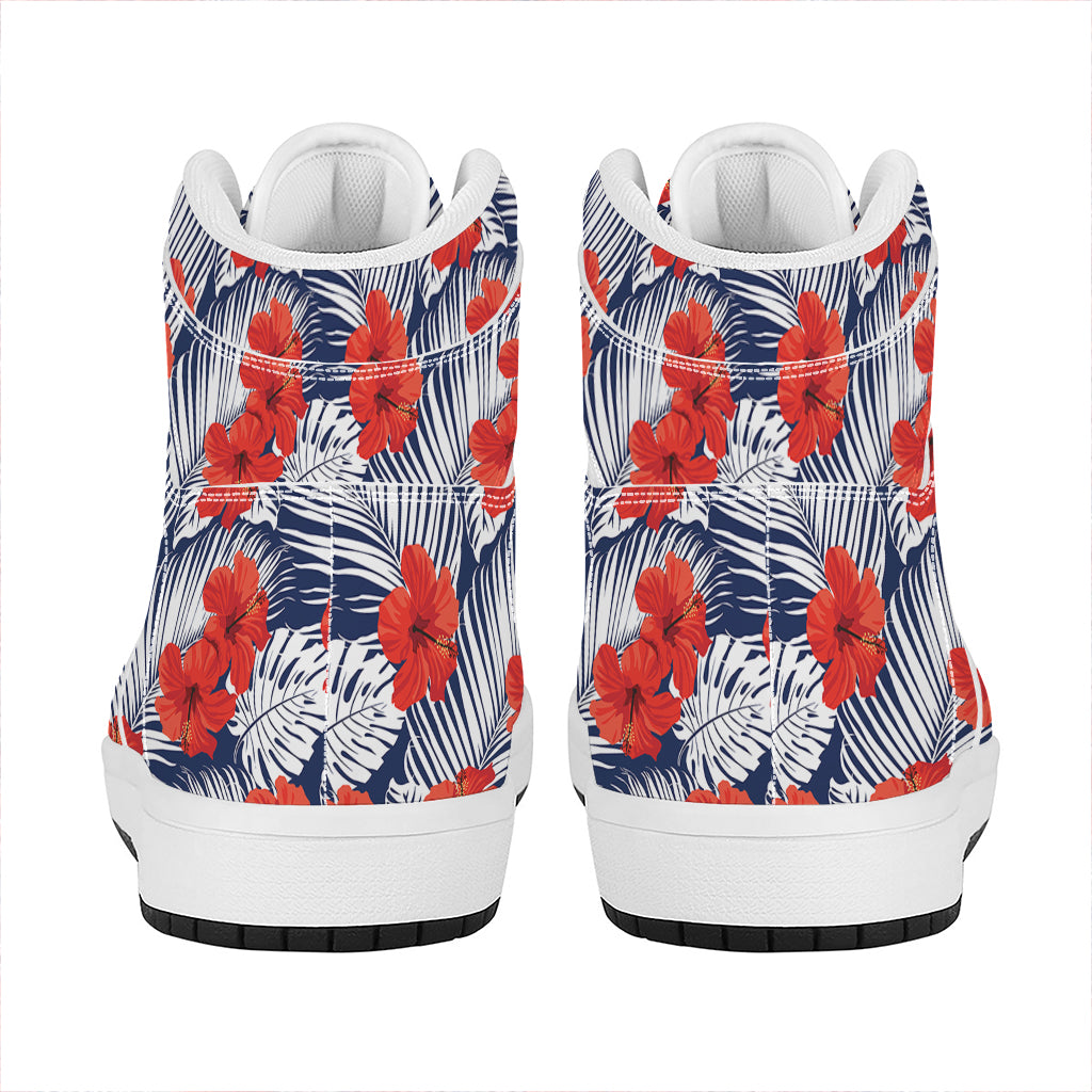 Red Hibiscus Tropical Pattern Print High Top Leather Sneakers