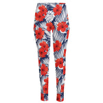 Red Hibiscus Tropical Pattern Print High-Waisted Pocket Leggings