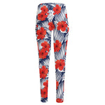 Red Hibiscus Tropical Pattern Print High-Waisted Pocket Leggings