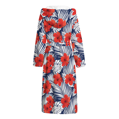 Red Hibiscus Tropical Pattern Print Hooded Bathrobe