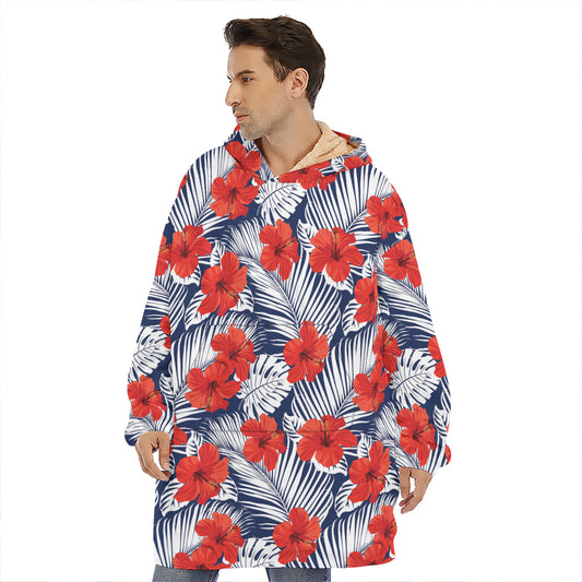 Red Hibiscus Tropical Pattern Print Hoodie Blanket