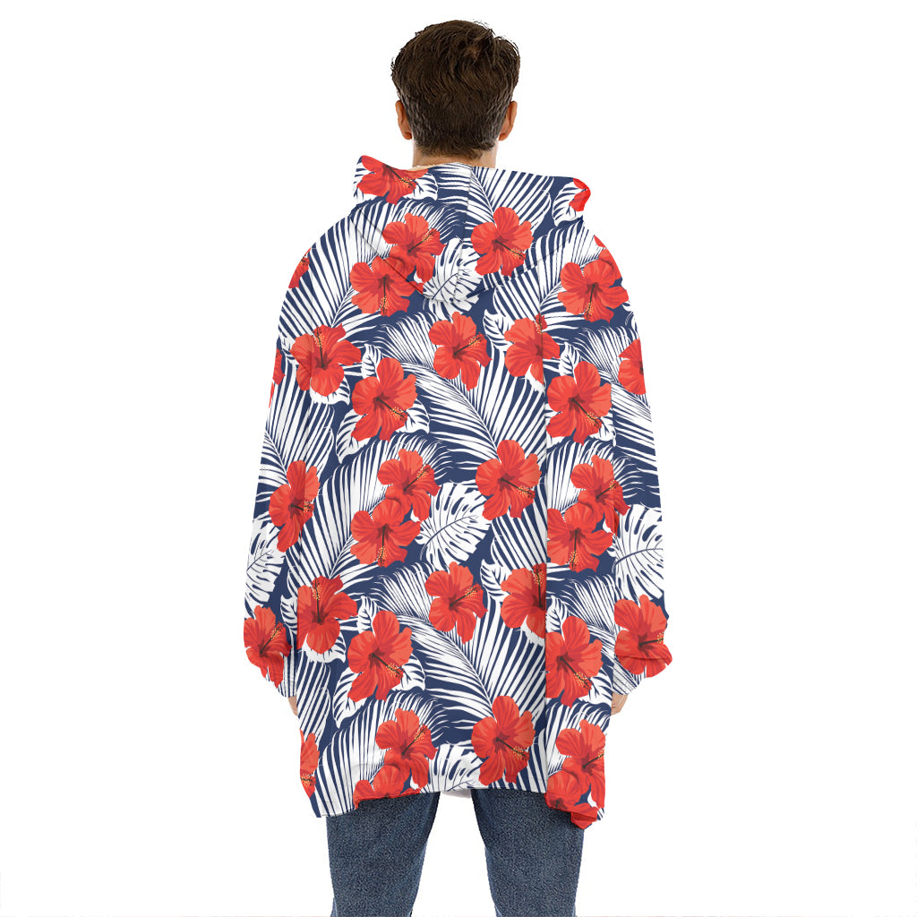 Red Hibiscus Tropical Pattern Print Hoodie Blanket