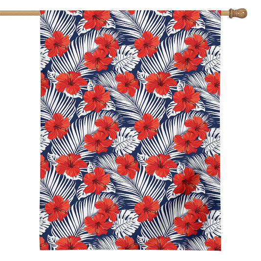 Red Hibiscus Tropical Pattern Print House Flag