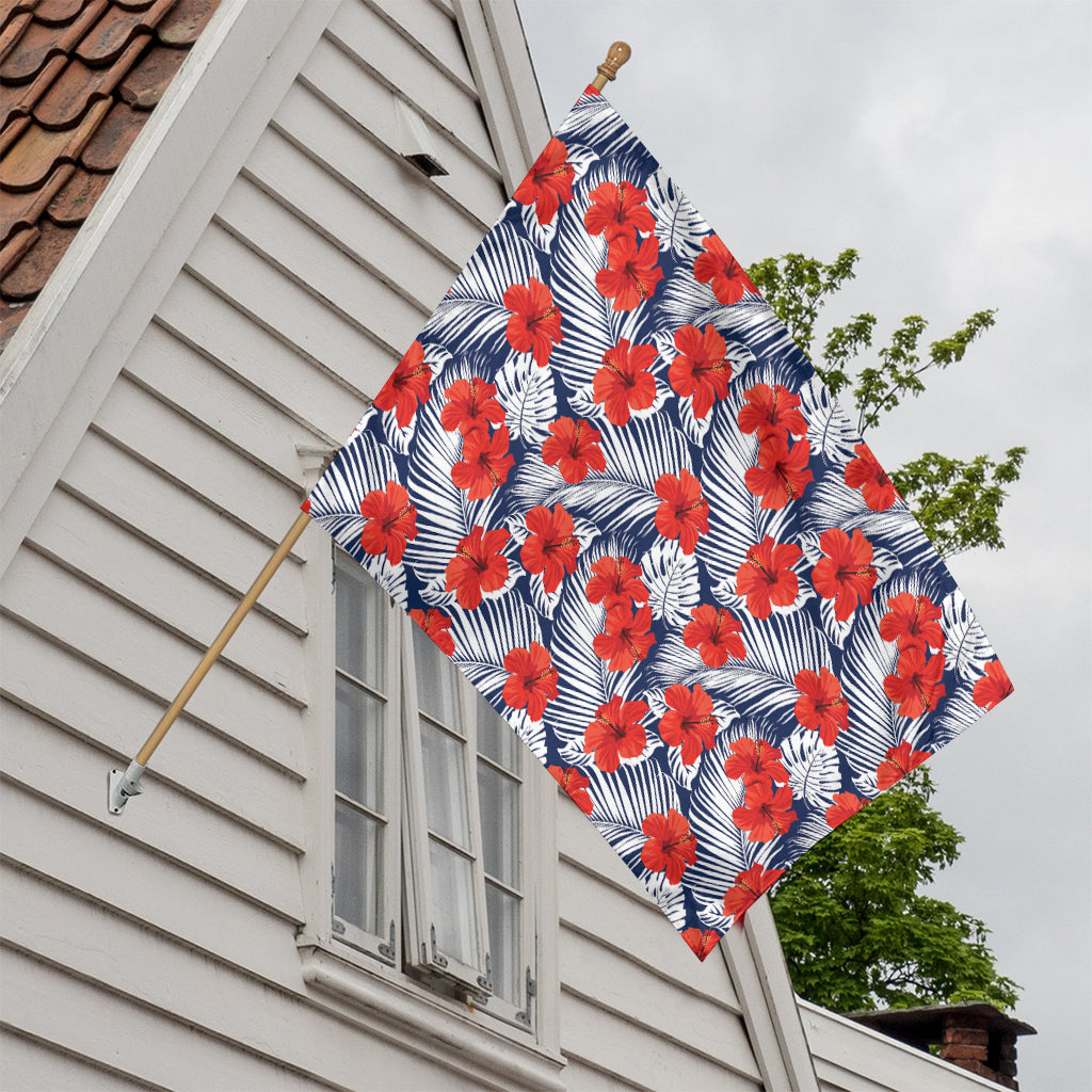 Red Hibiscus Tropical Pattern Print House Flag