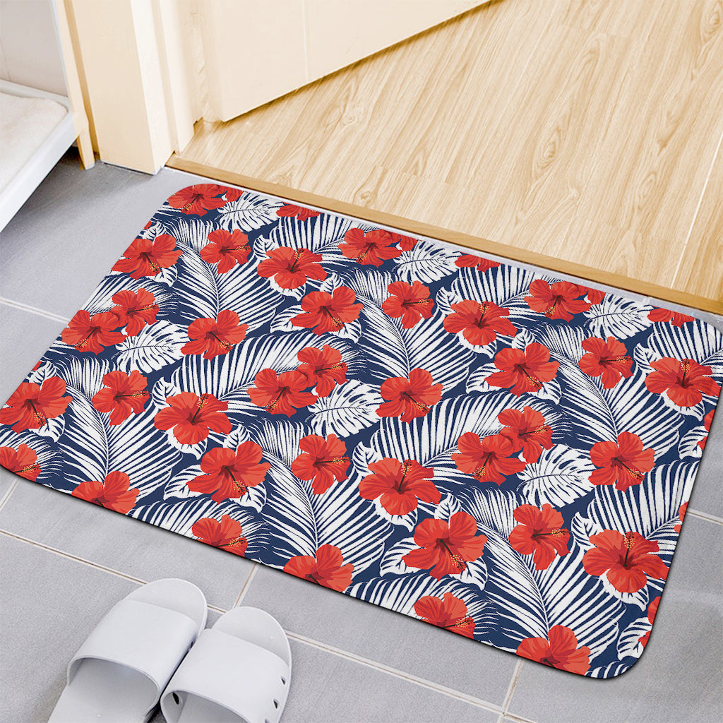 Red Hibiscus Tropical Pattern Print Indoor Door Mat