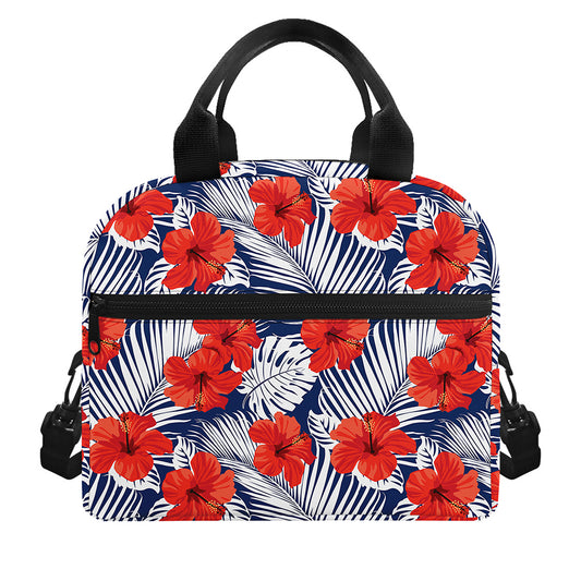 Red Hibiscus Tropical Pattern Print Insulated Lunch Bag