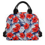 Red Hibiscus Tropical Pattern Print Insulated Lunch Bag