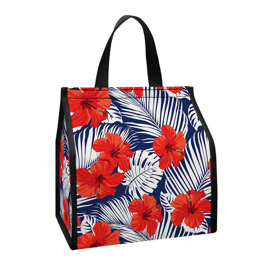 Red Hibiscus Tropical Pattern Print Insulated Lunch Tote
