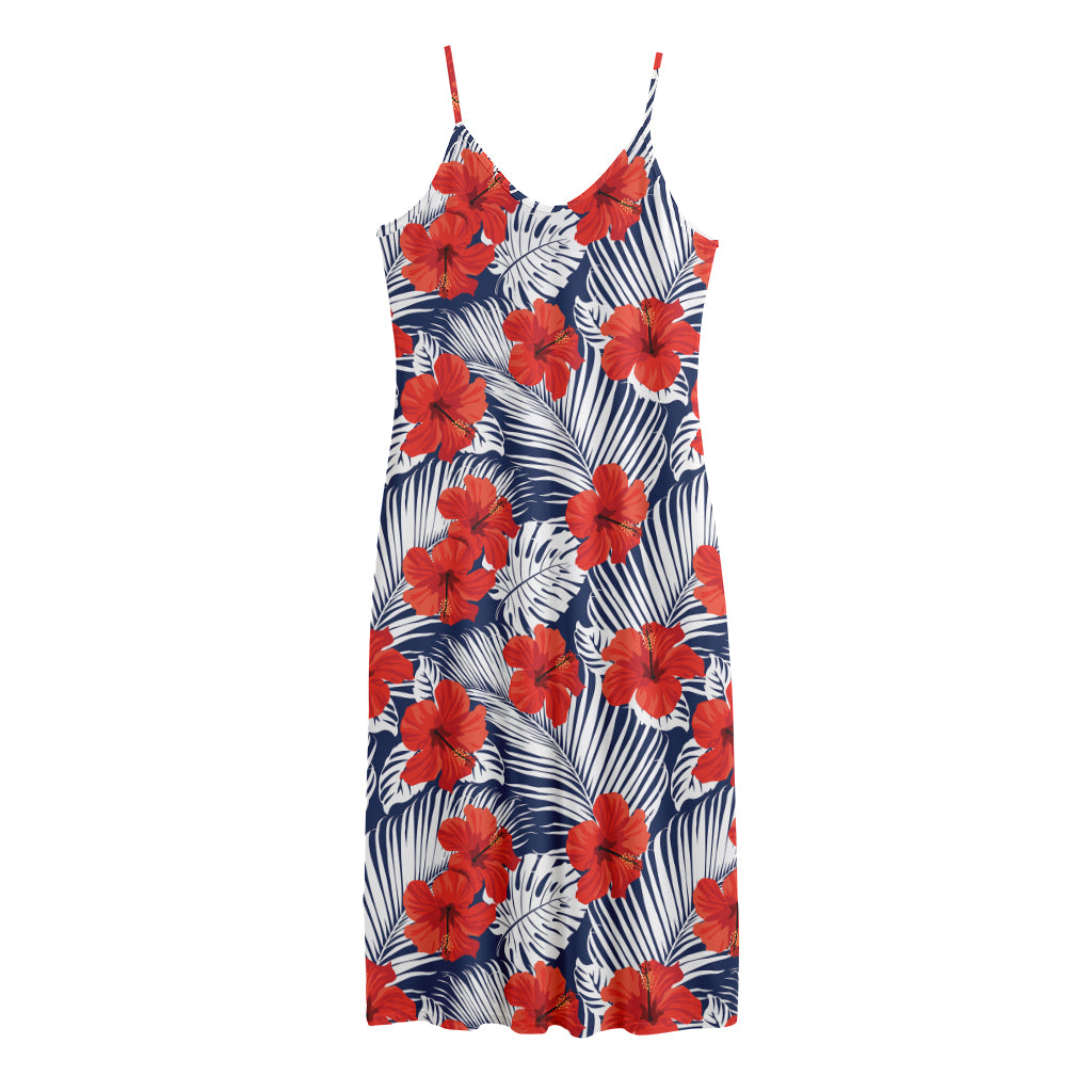 Red Hibiscus Tropical Pattern Print Jersey Midi Cami Dress
