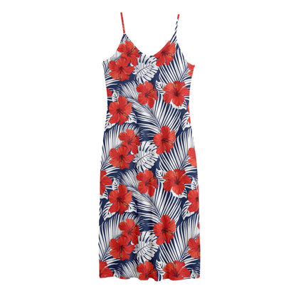 Red Hibiscus Tropical Pattern Print Jersey Midi Cami Dress