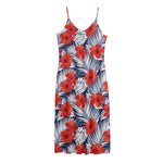 Red Hibiscus Tropical Pattern Print Jersey Midi Cami Dress