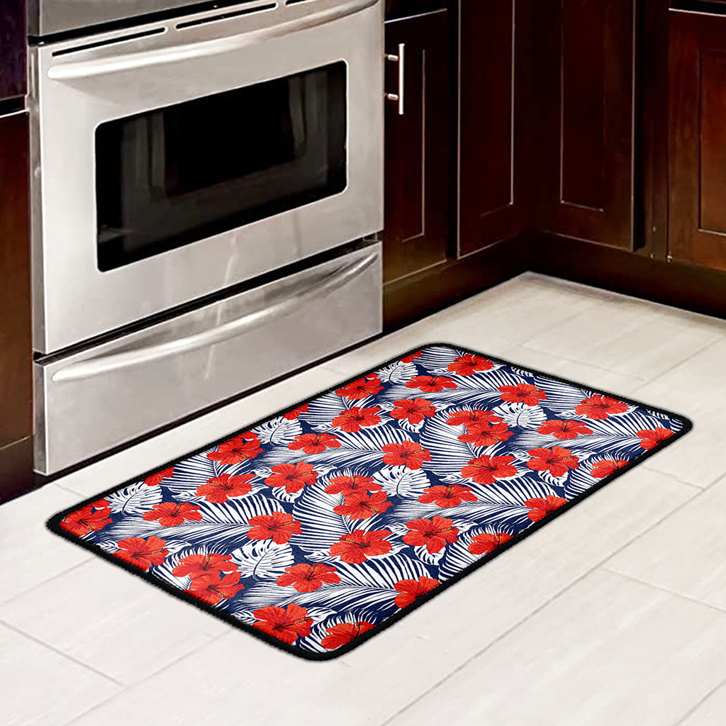 Red Hibiscus Tropical Pattern Print Kitchen Mat
