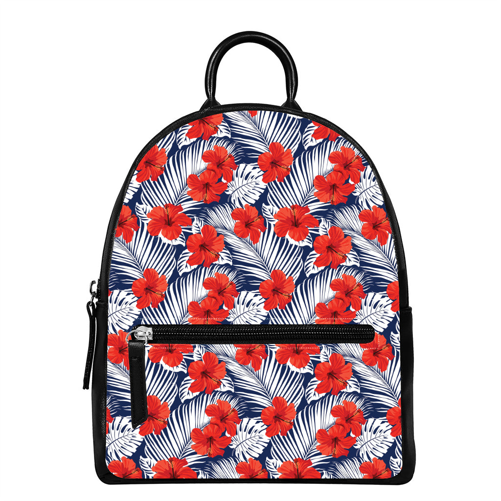 Red Hibiscus Tropical Pattern Print Leather Backpack