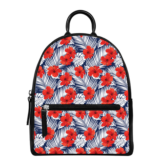 Red Hibiscus Tropical Pattern Print Leather Backpack