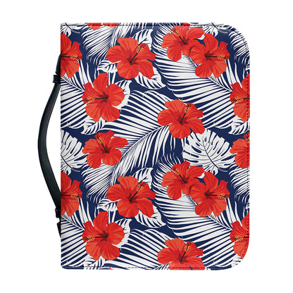 Red Hibiscus Tropical Pattern Print Leather Bible Cover