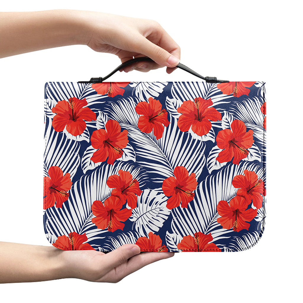 Red Hibiscus Tropical Pattern Print Leather Bible Cover