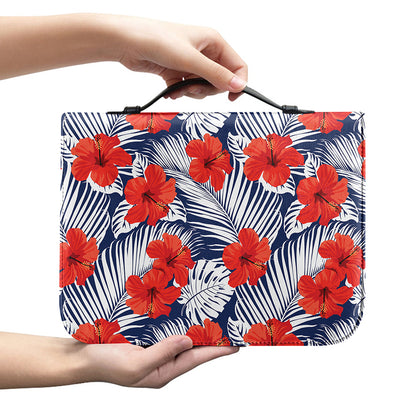 Red Hibiscus Tropical Pattern Print Leather Bible Cover