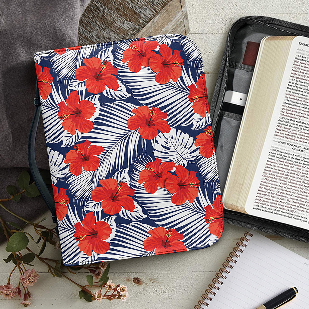 Red Hibiscus Tropical Pattern Print Leather Bible Cover