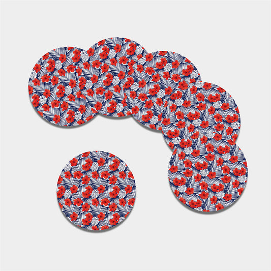 Red Hibiscus Tropical Pattern Print Leather Coaster Set
