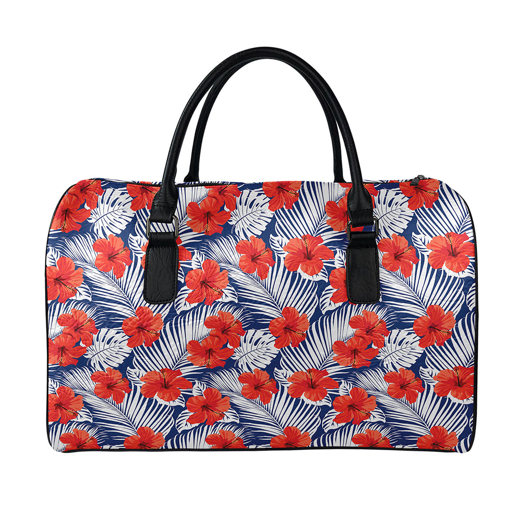 Red Hibiscus Tropical Pattern Print Leather Duffle Bag