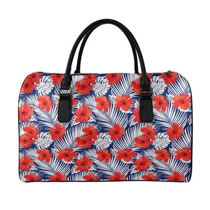 Red Hibiscus Tropical Pattern Print Leather Duffle Bag