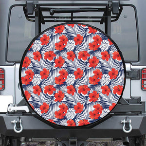 Red Hibiscus Tropical Pattern Print Leather Spare Tire Cover