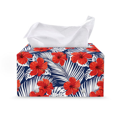 Red Hibiscus Tropical Pattern Print Leather Tissue Box Cover