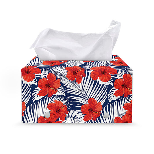 Red Hibiscus Tropical Pattern Print Leather Tissue Box Cover