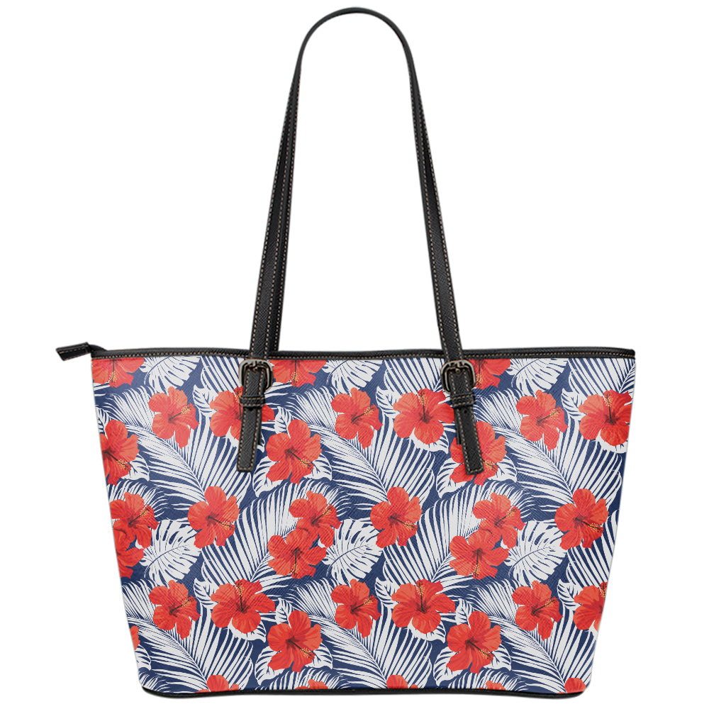 Red Hibiscus Tropical Pattern Print Leather Tote Bag