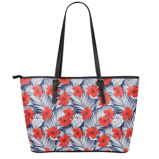 Red Hibiscus Tropical Pattern Print Leather Tote Bag