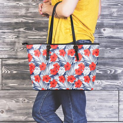 Red Hibiscus Tropical Pattern Print Leather Tote Bag