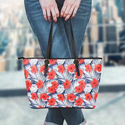 Red Hibiscus Tropical Pattern Print Leather Tote Bag