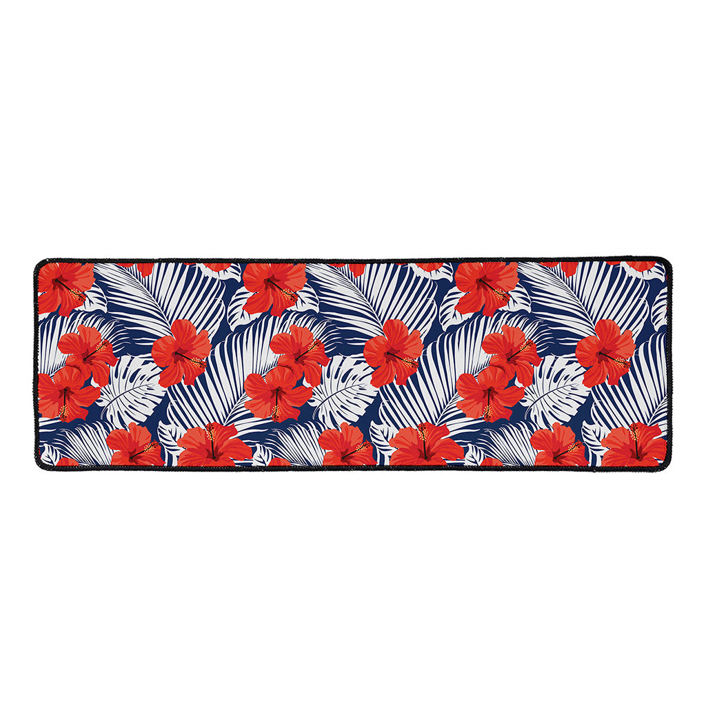Red Hibiscus Tropical Pattern Print Long Kitchen Mat