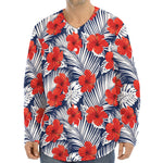 Red Hibiscus Tropical Pattern Print Long Sleeve Baseball Jersey