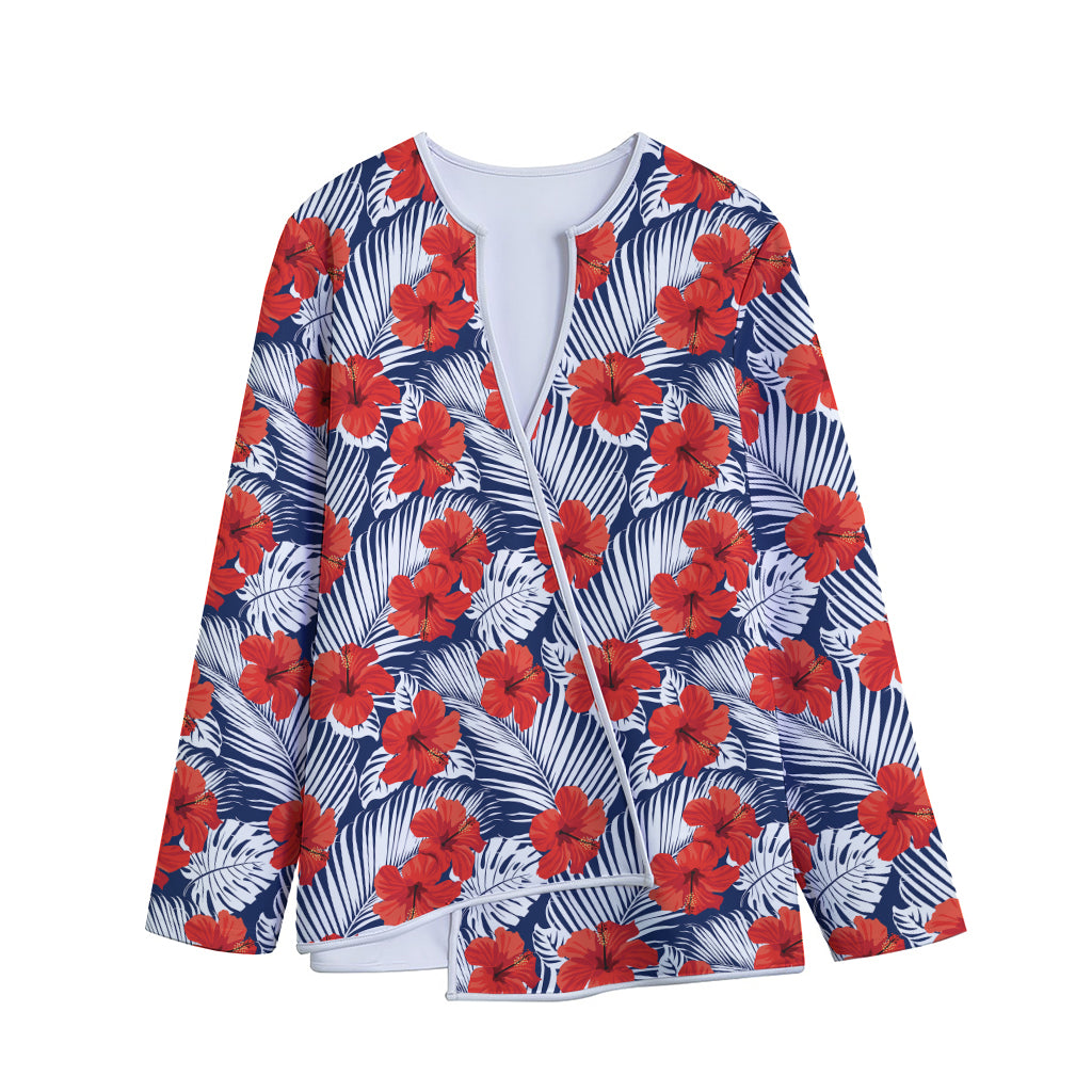Red Hibiscus Tropical Pattern Print Long Sleeve Short Coat