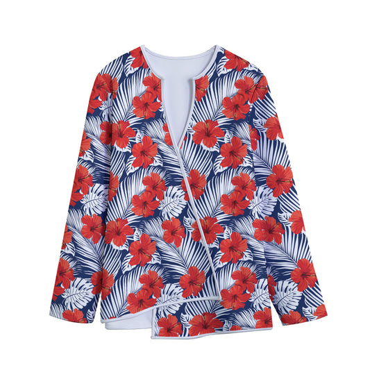 Red Hibiscus Tropical Pattern Print Long Sleeve Short Coat