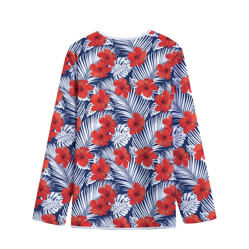 Red Hibiscus Tropical Pattern Print Long Sleeve Short Coat