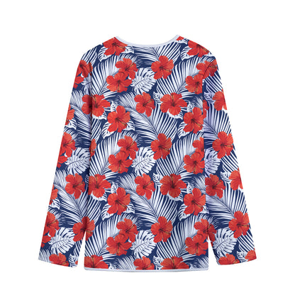 Red Hibiscus Tropical Pattern Print Long Sleeve Short Coat