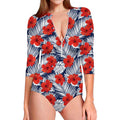 Red Hibiscus Tropical Pattern Print Long Sleeve Swimsuit