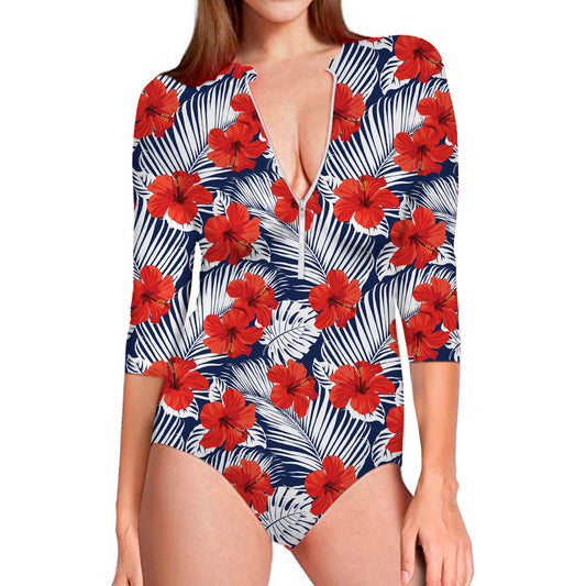 Red Hibiscus Tropical Pattern Print Long Sleeve Swimsuit