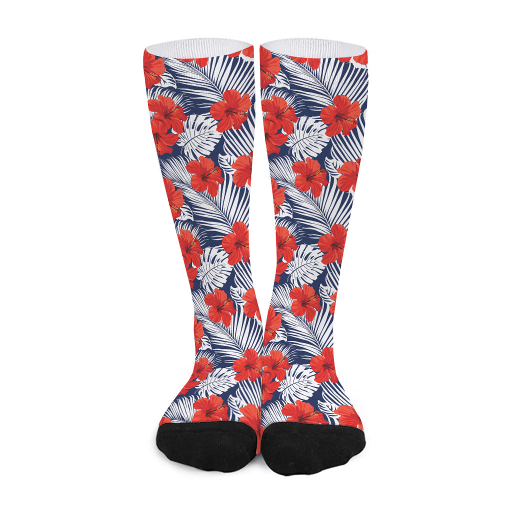 Red Hibiscus Tropical Pattern Print Long Socks