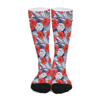 Red Hibiscus Tropical Pattern Print Long Socks